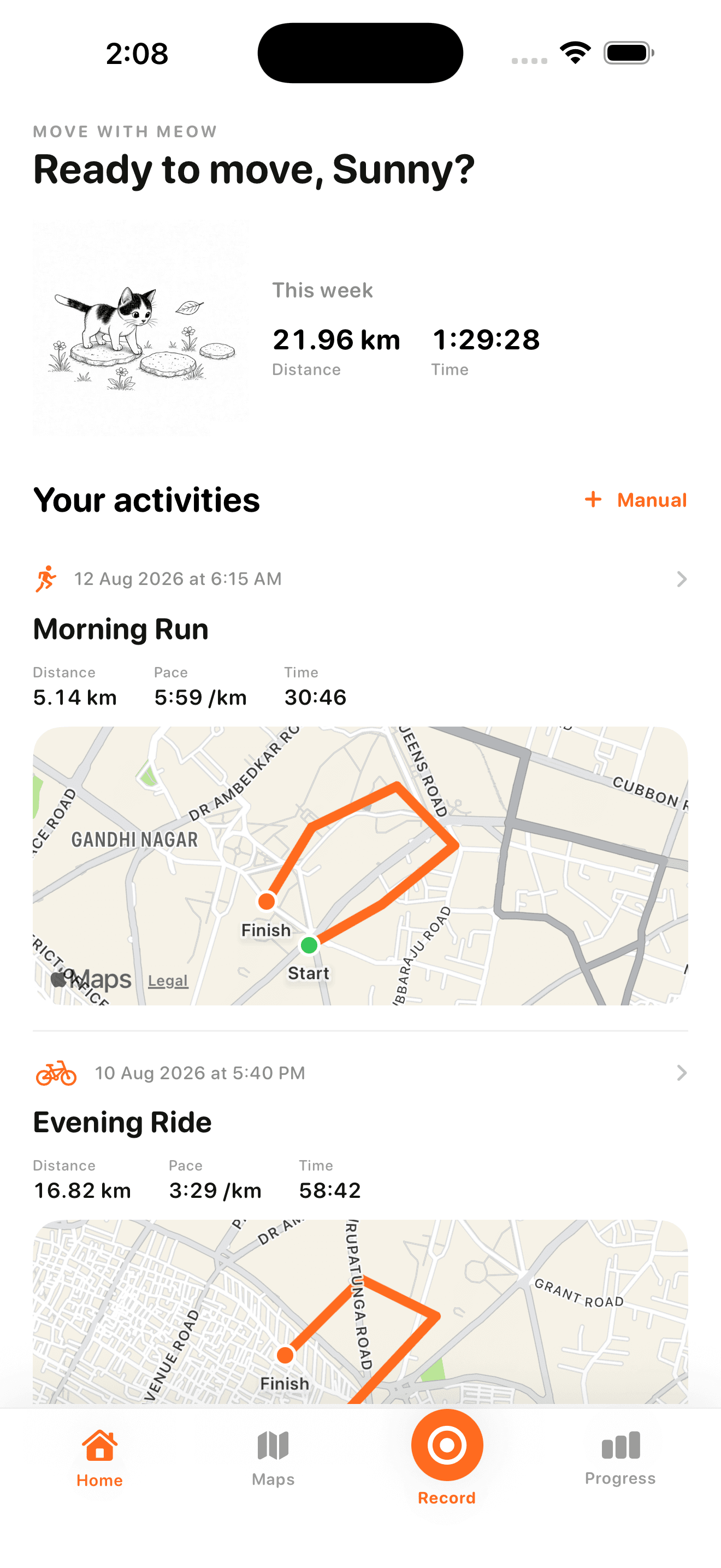 Real Meoww iPhone activity tracker with run and cycle routes