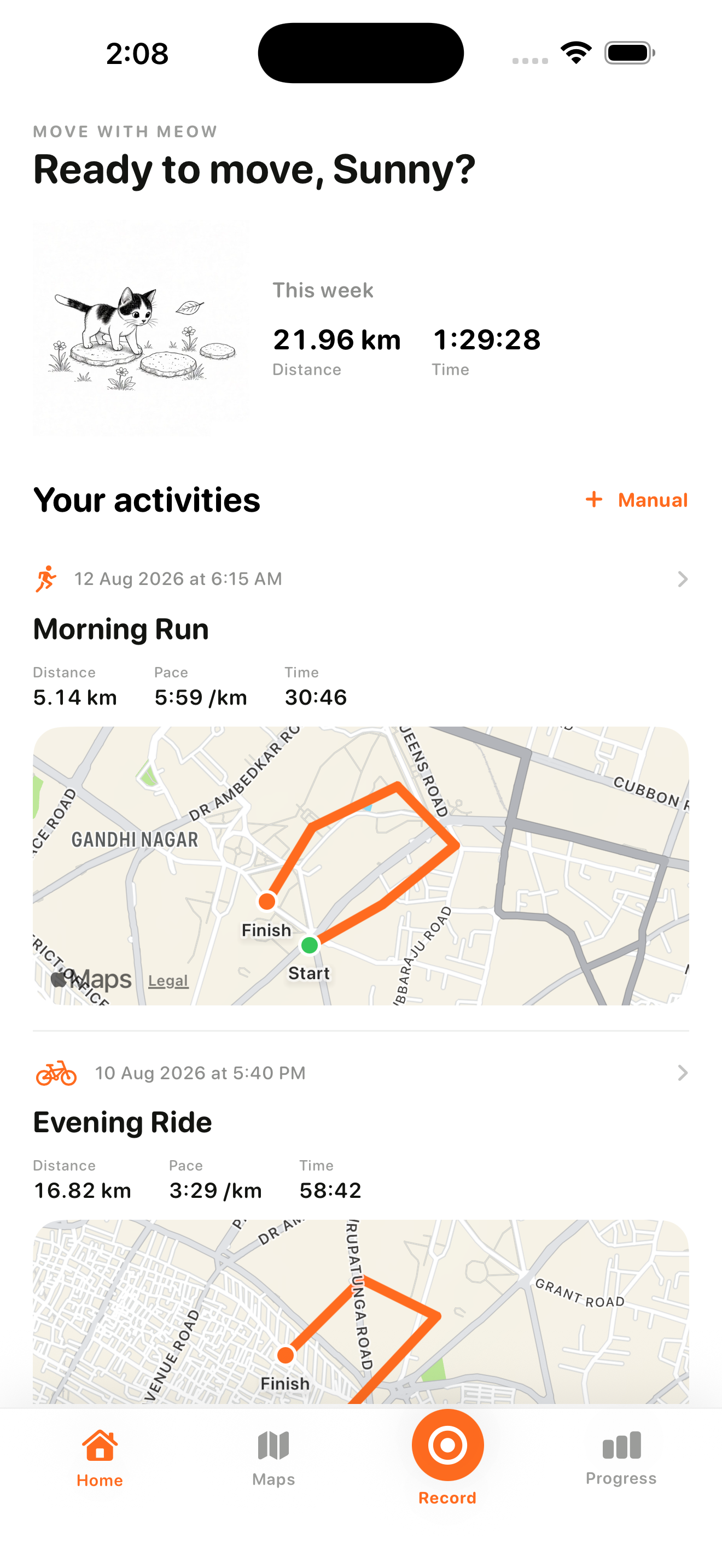 Real Meoww iPhone activity tracker with run and cycle routes
